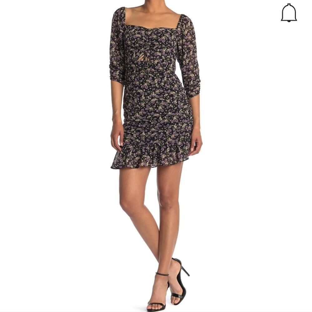 Nwot Astr Sweetheart Cutout Dress In Black-purple Ditsy